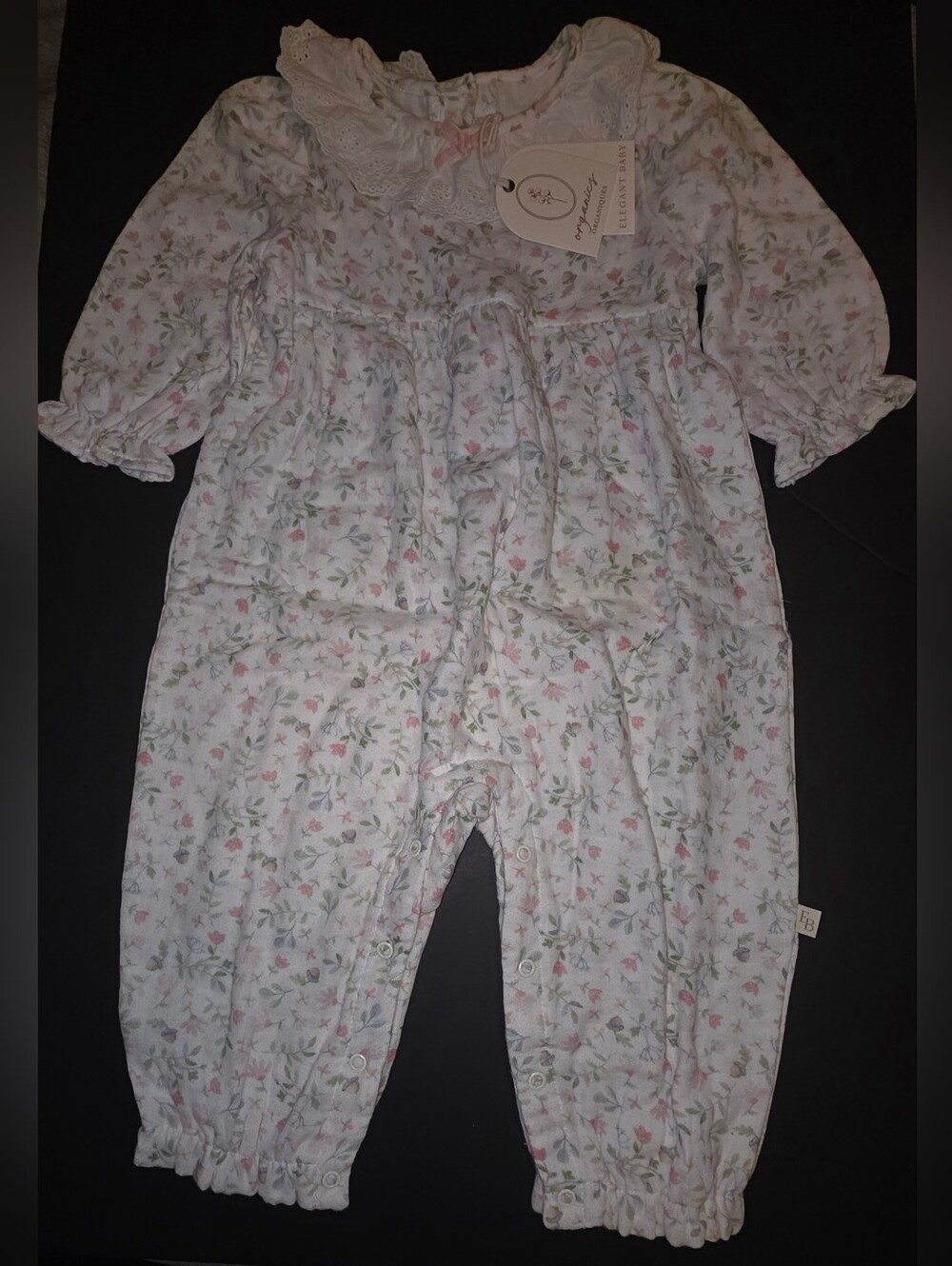 Elegant Baby Delicate Floral Ruffle Collar Baby Romper - White with Pink & Green - Picture 3 of 12